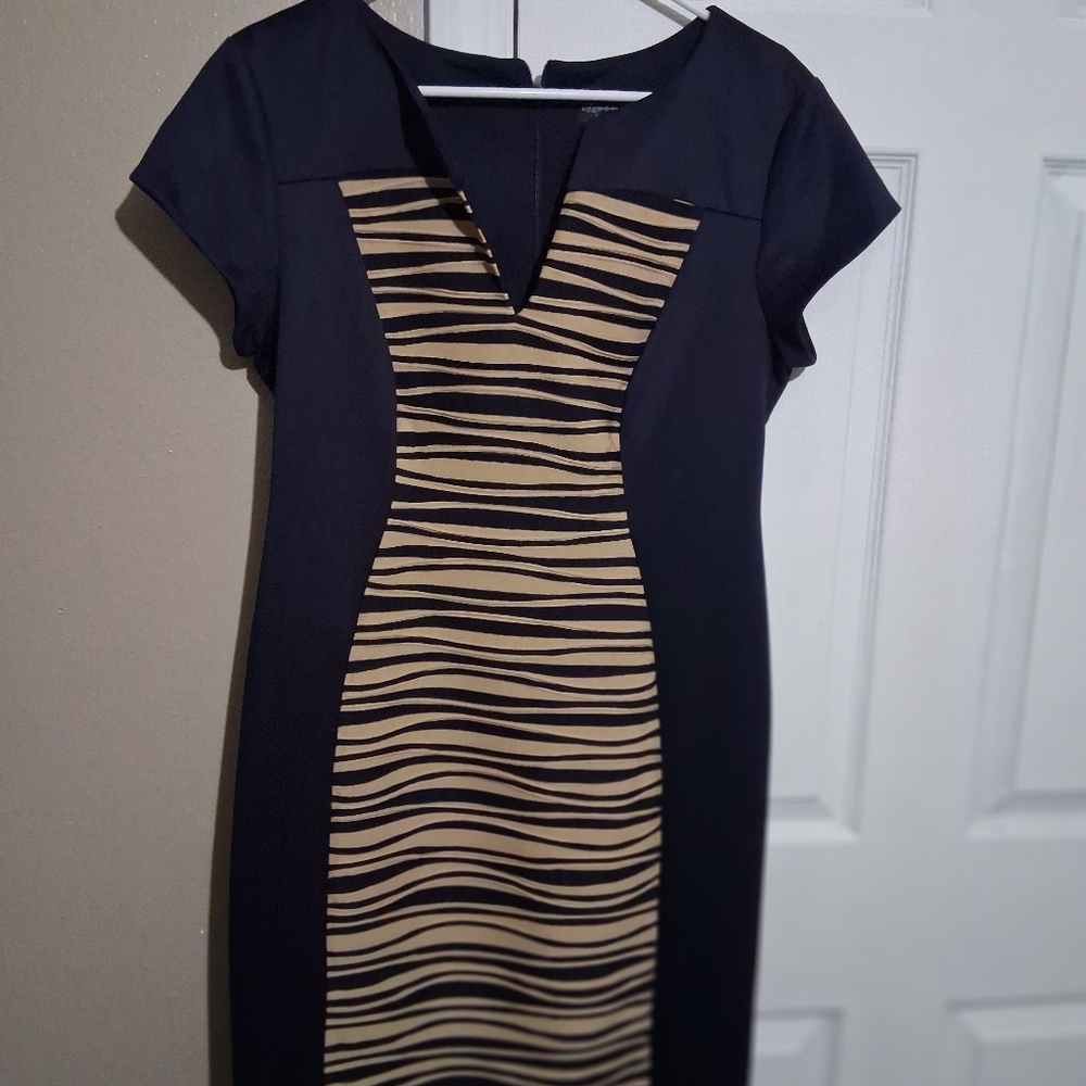 Connected Apparel Black and Tan Midi Dress